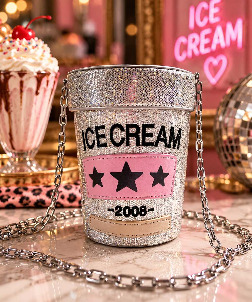 Hello 3Am Ice Cream Cup Crossbody Bag Silver Glitter 2008